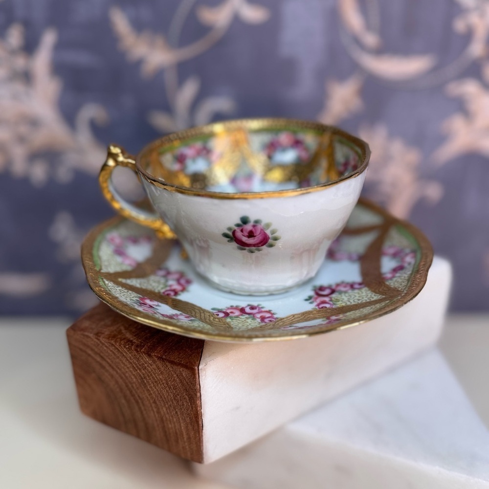 Vintage Estate Nippon Gold and Floral Teacup and Saucer READ